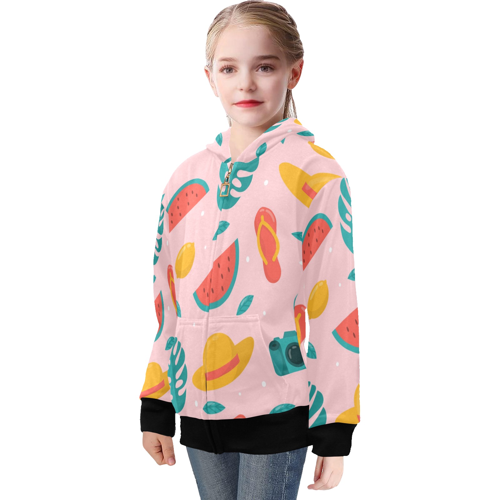 Big Girls' Zip Up Hoodie (H58) with colorful fruit pattern on a pink background