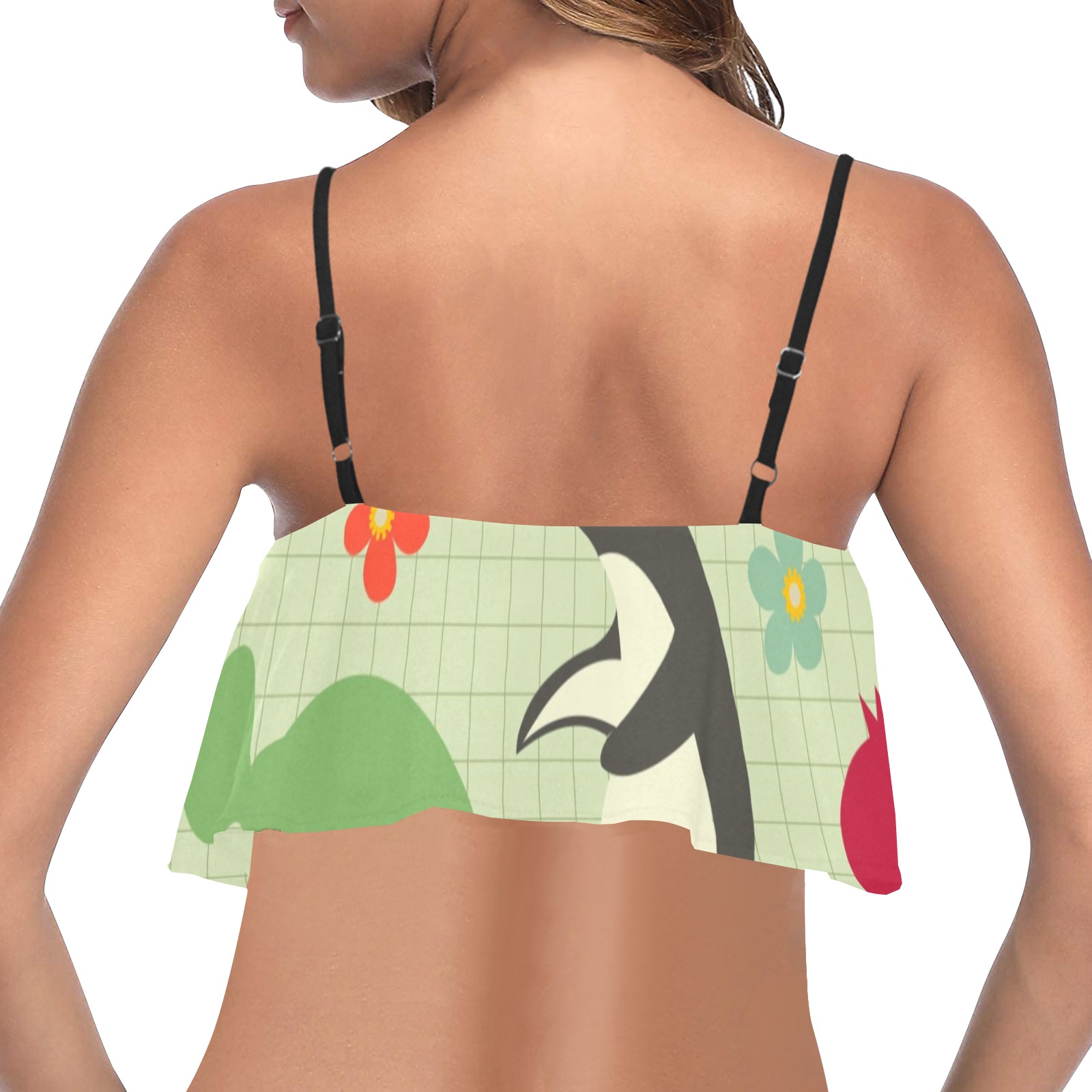 Women's Ruffle Bikini Top (S13) with Penguin Print - Stylish swimwear