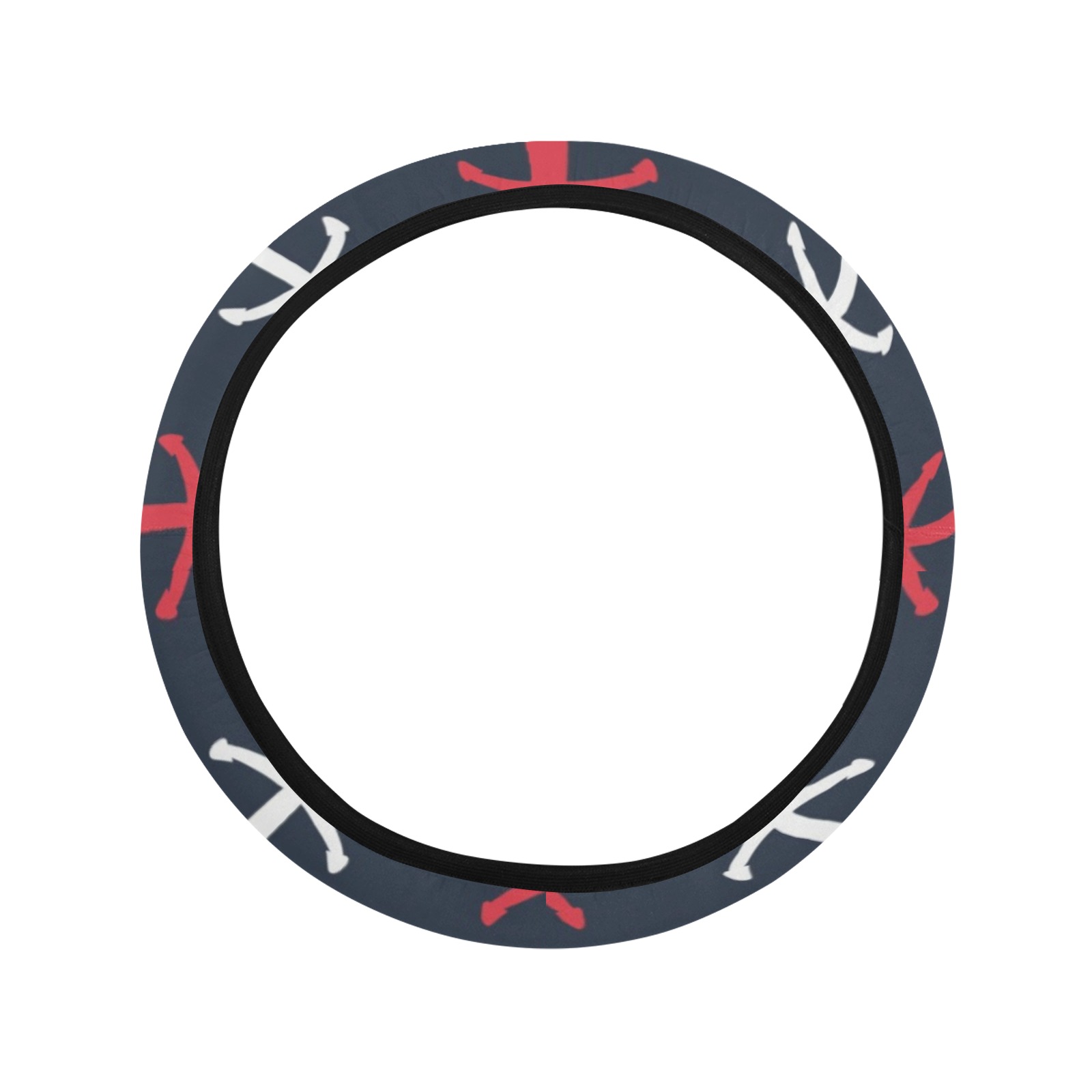 Neoprene steering wheel cover with pattern, red and white shapes on dark gray, elastic edge