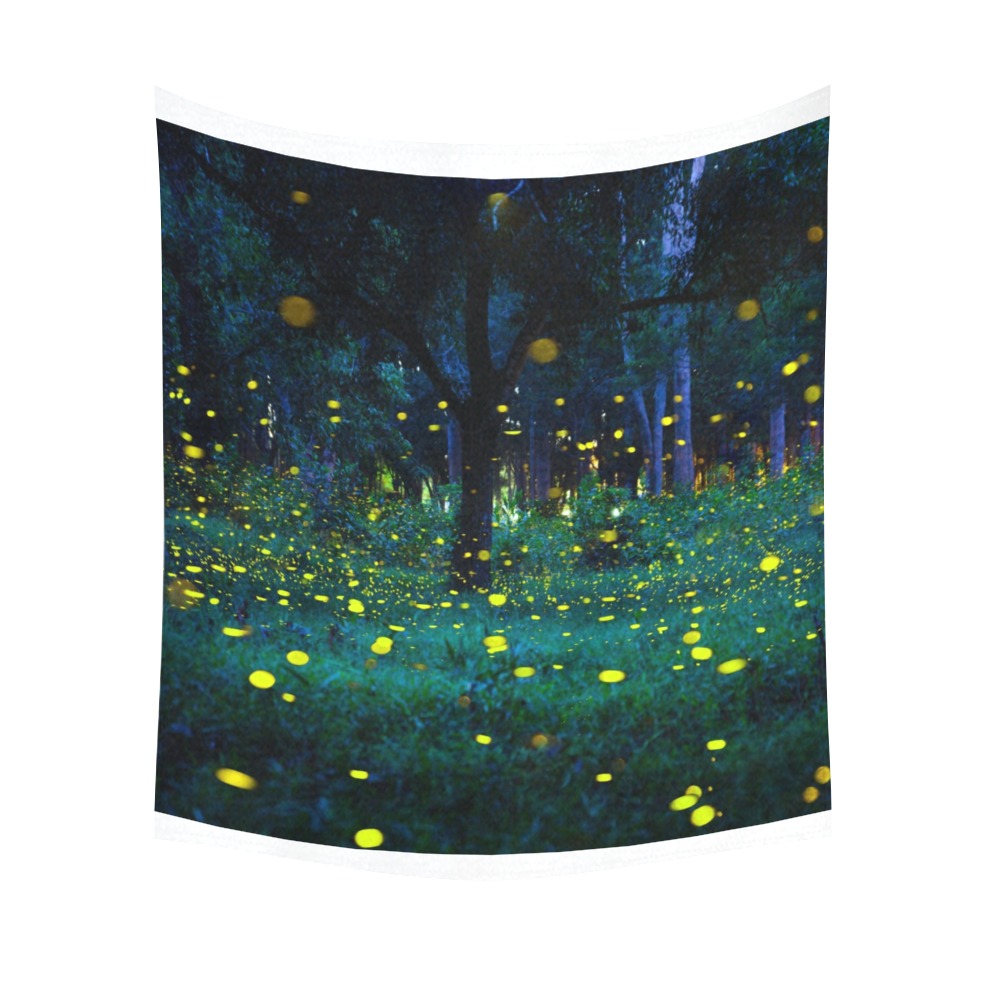 Polyester wall tapestry featuring a luminous forest scene with fireflies, perfect for dorm or wall decor.