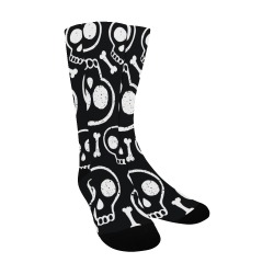 Men's custom socks with skull and bone pattern in black and white, all-over printed.