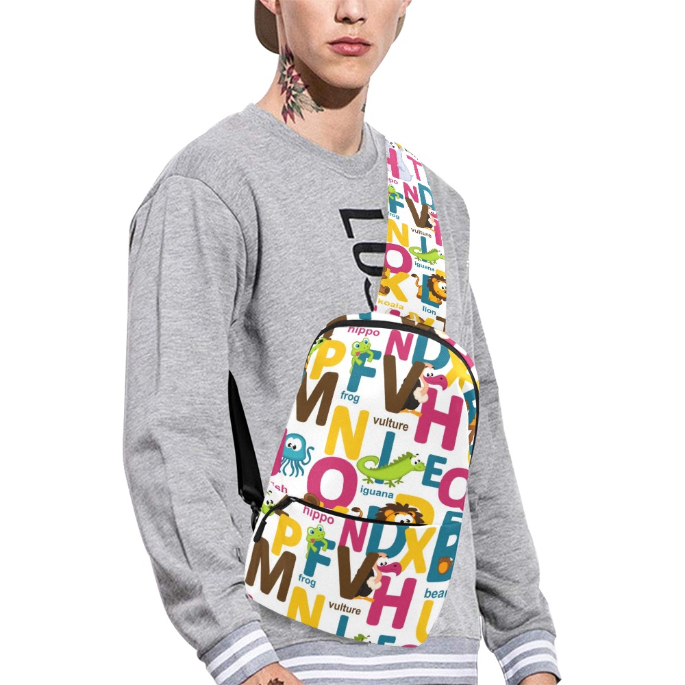 Men's Chest Bag (Model 1678) with colorful print, worn by a model in gray sweatshirt.