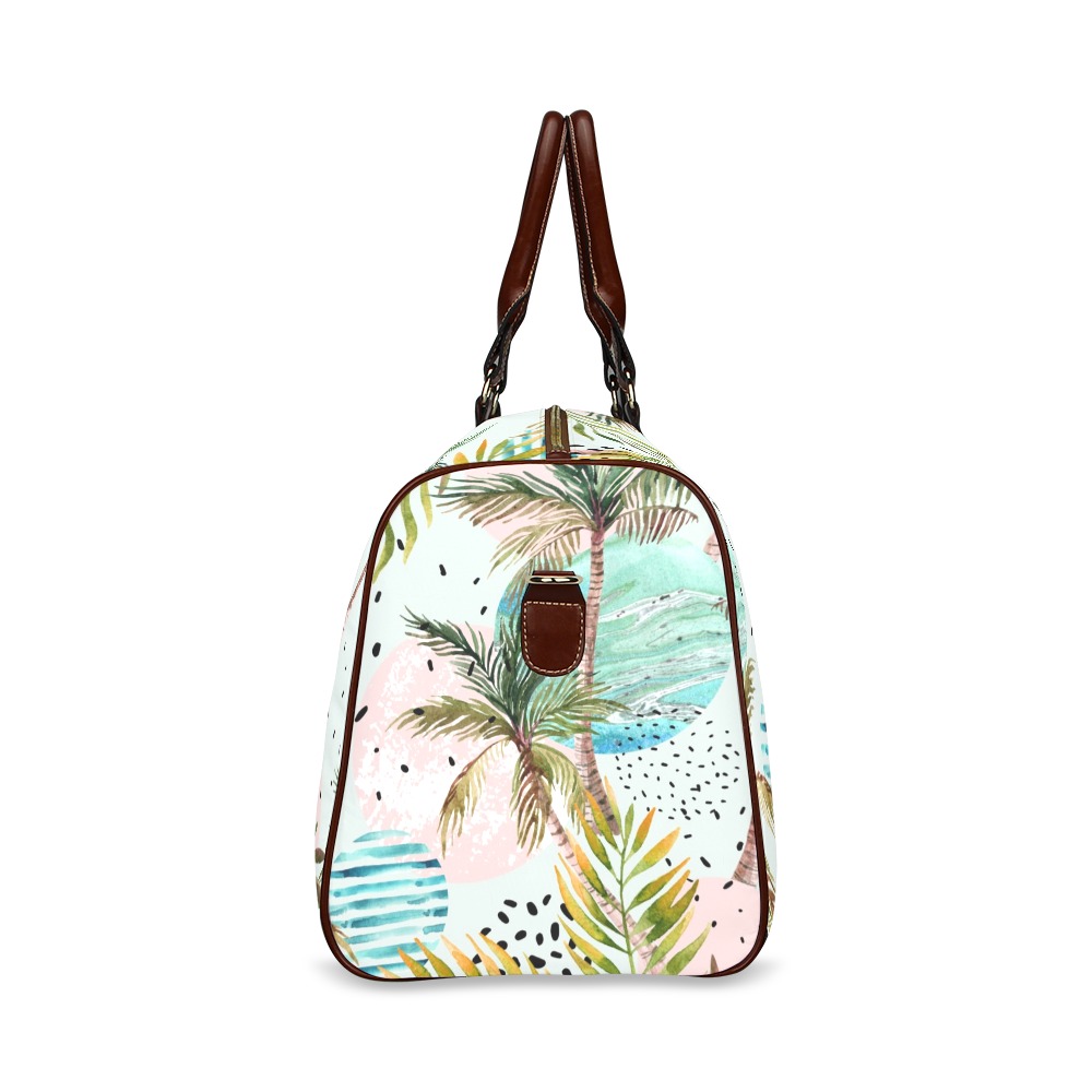 Small brown travel bag with tropical pattern, palm leaves, and brown leather handles, waterproof, durable.