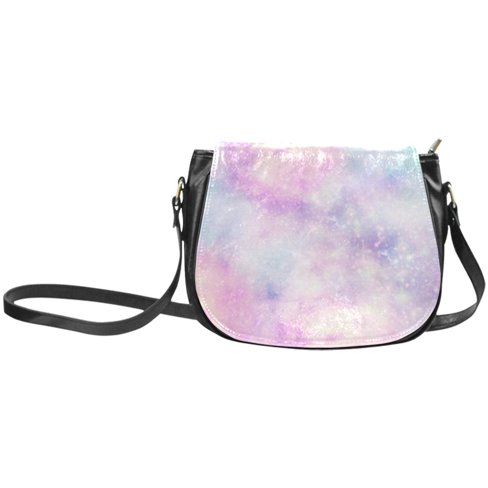 Classic Saddle Bag (Model 1648) with colorful galaxy print flap, black PU leather, cross body