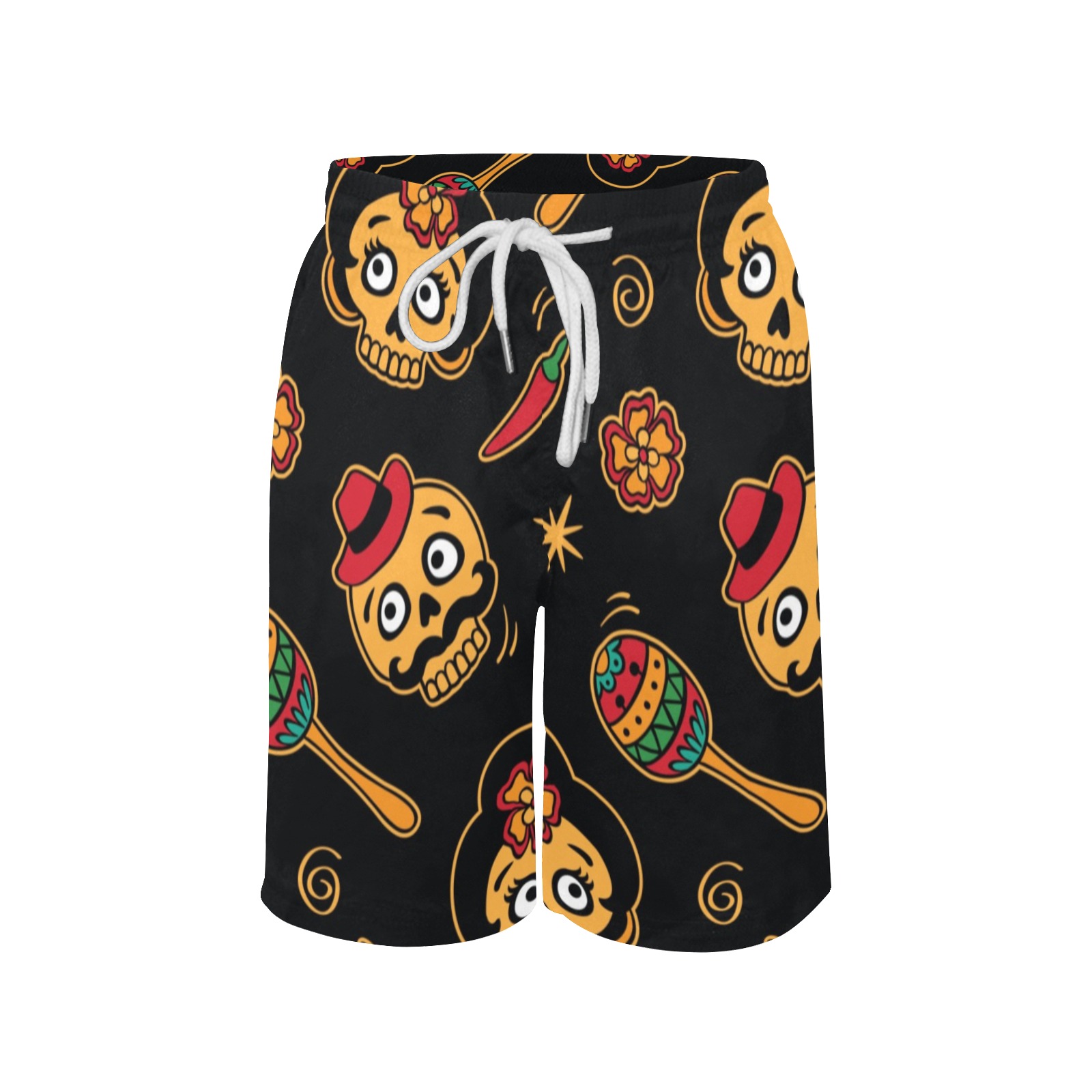 Boys' black beach shorts with sugar skull print, elastic waistband and drawcord