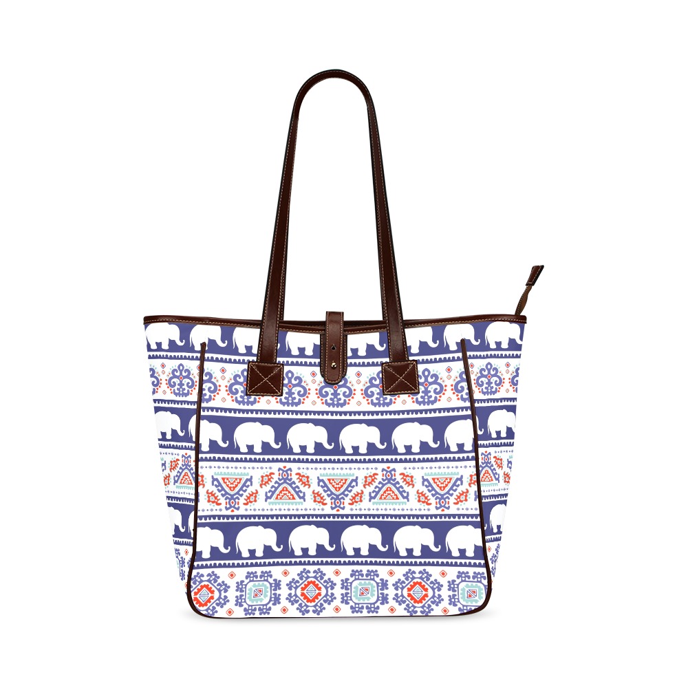 Classic Tote Bag (Model 1644) with blue tribal pattern and brown handle, perfect for shopping or work