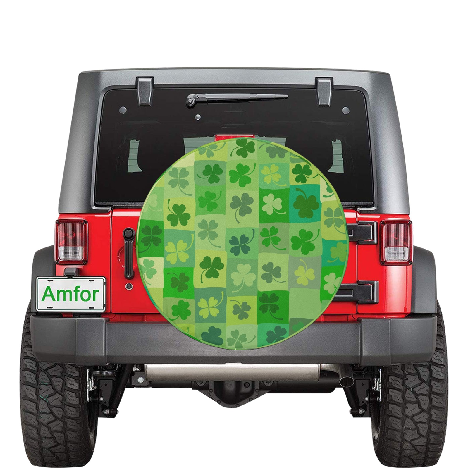 Green shamrock design Spare Tire Cover(17") on red car, made of polyester