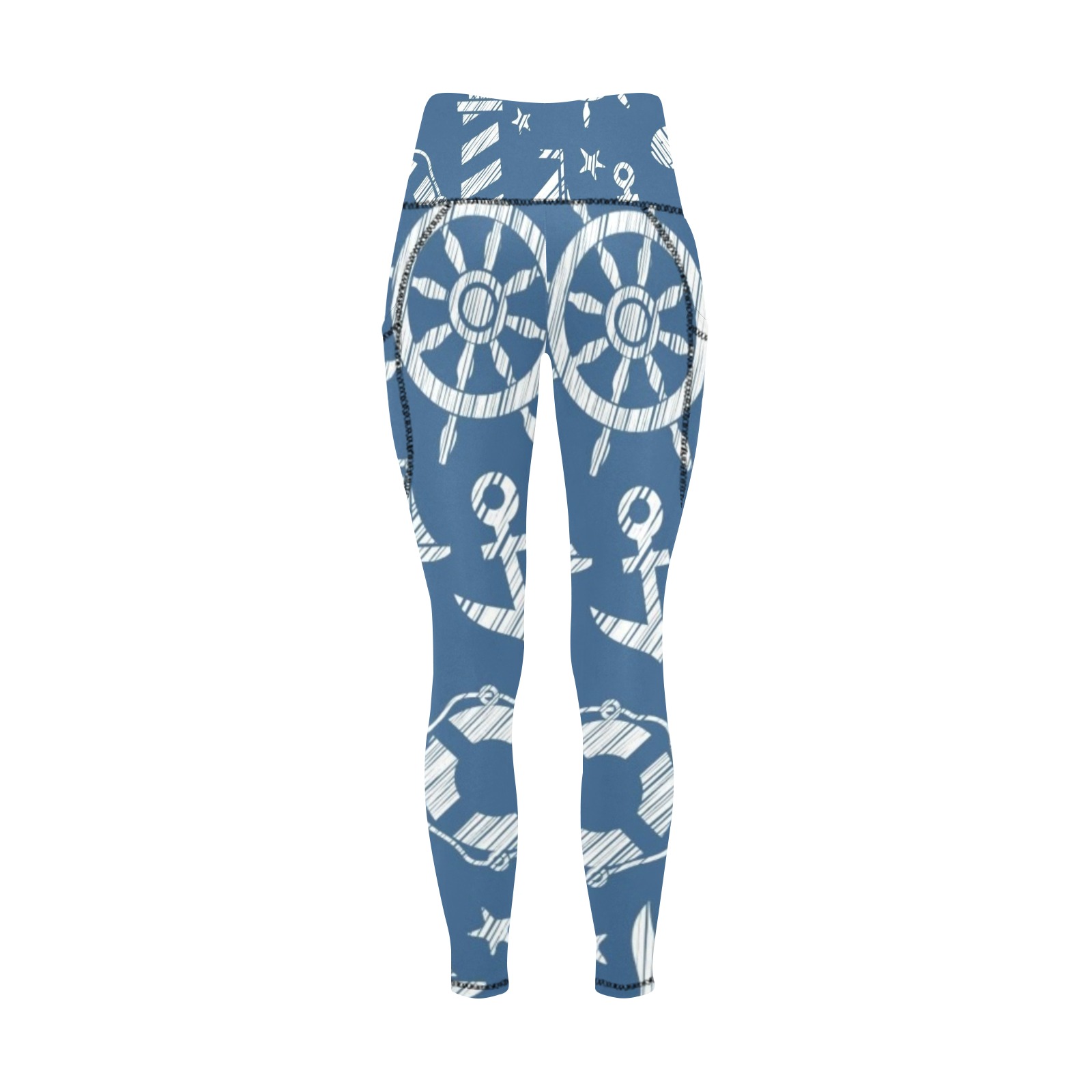 Blue nautical print leggings with pockets, featuring anchors and sailboats, yoga pants for women.
