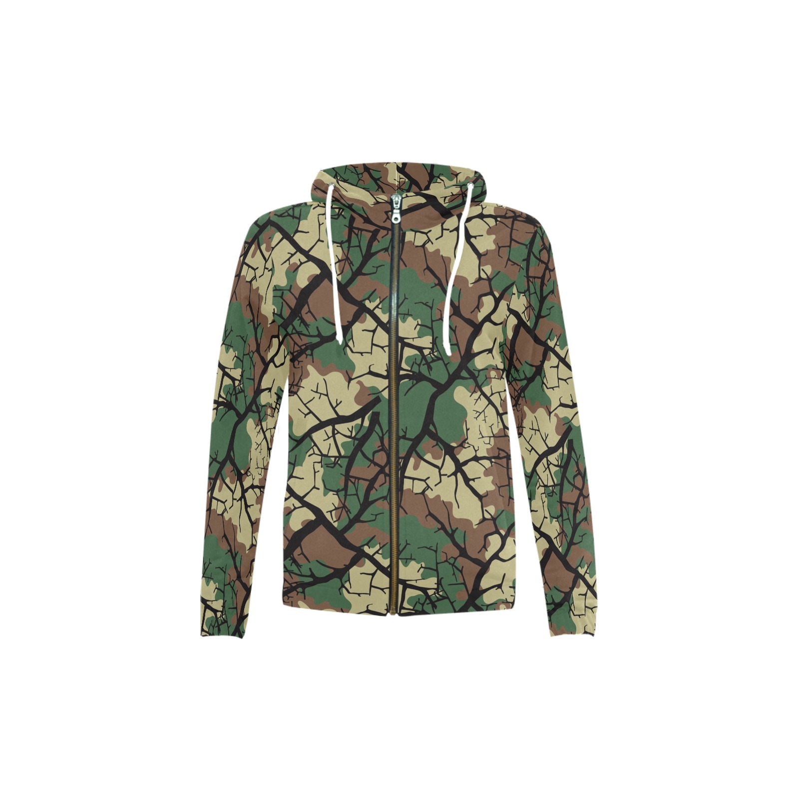 Youth All Over Print Full Zip Hoodie (Model H14) with camouflage pattern, drawstring hood and zip front