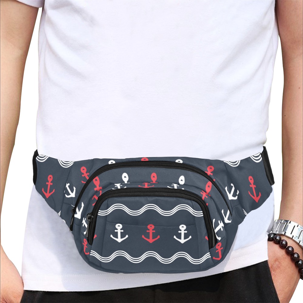 Unisex waist bag with front pocket featuring an anchor pattern, made of durable nylon cloth, perfect for sports and travel.