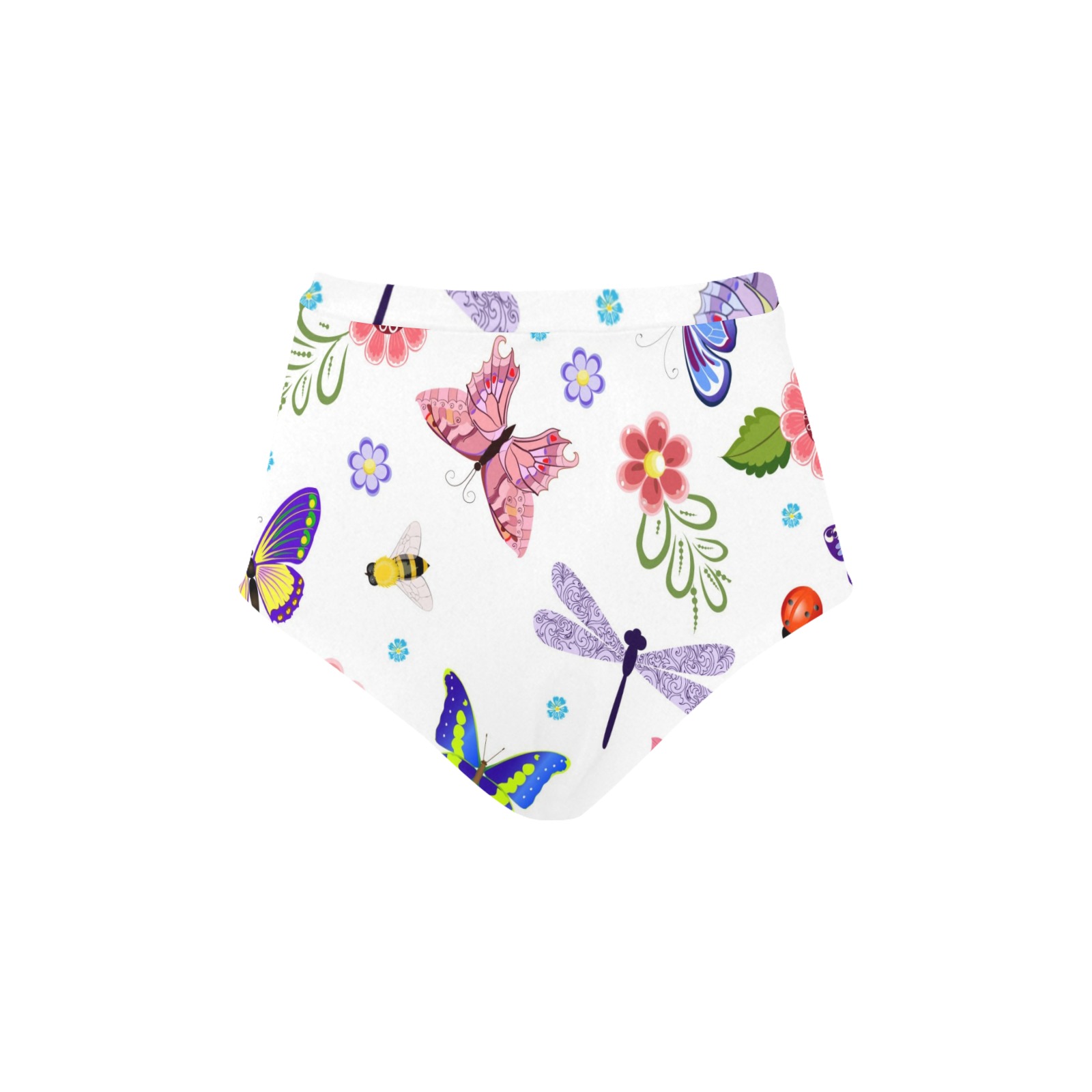 High-waisted butterfly floral print bikini bottom, white polyester-spandex blend, perfect for women's swimwear.
