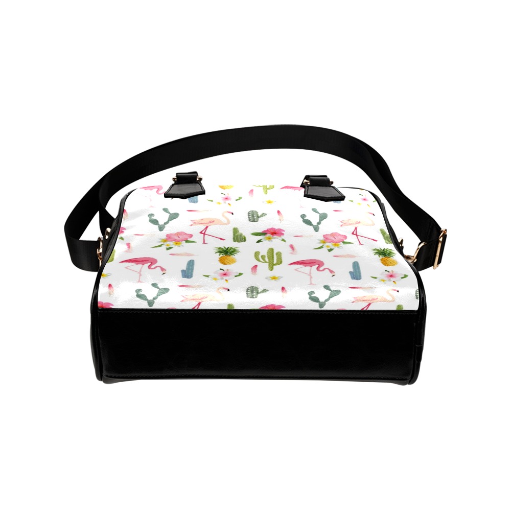 Shoulder Handbag (Model 1634) with flamingo and cactus print, PU leather, black base and strap