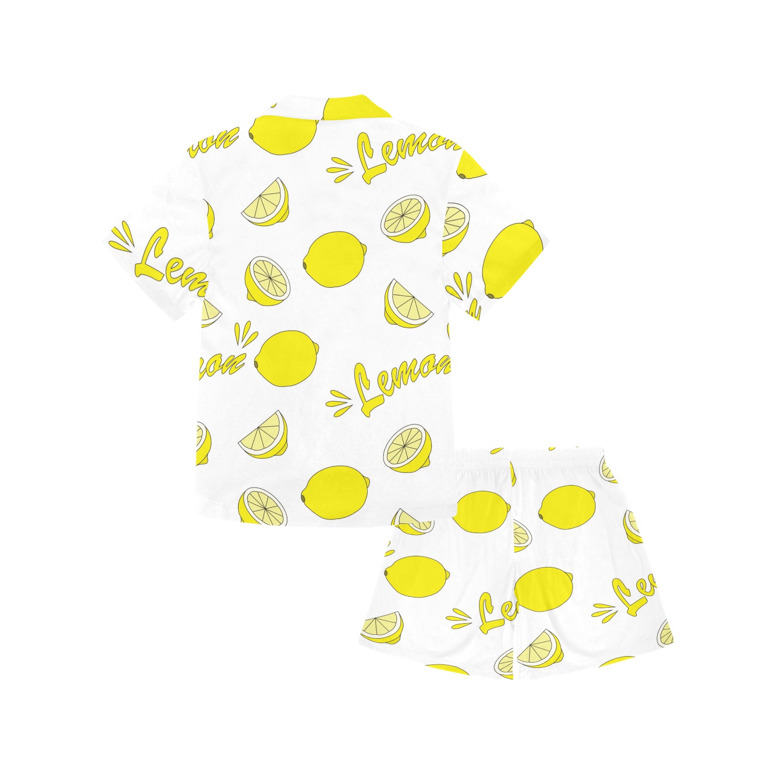 Big Girls' Lemon Print Pajama Set - V-neck top and shorts in white polyester sleepwear.