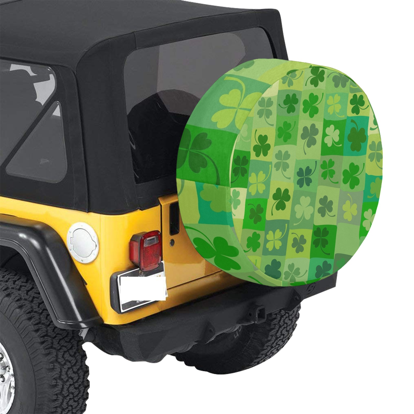 Green shamrock Spare Tire Cover(17") on yellow Jeep, made of durable polyester