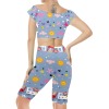 Blue floral printed yoga set for women. Crop top and shorts outfit for casual wear and sports.