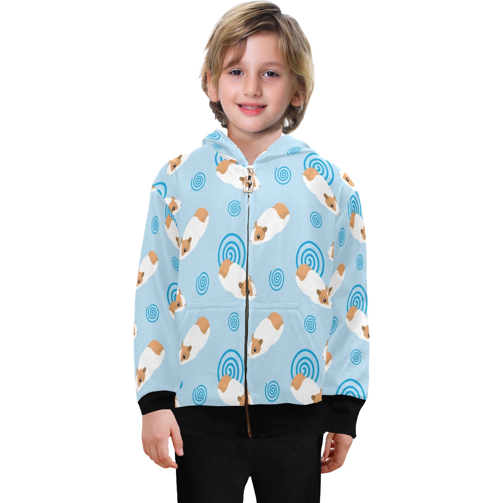Big Boys' Zip Up Hoodie (H58) with all-over print, featuring a young boy wearing a comfortable blue hoodie with a zipper.