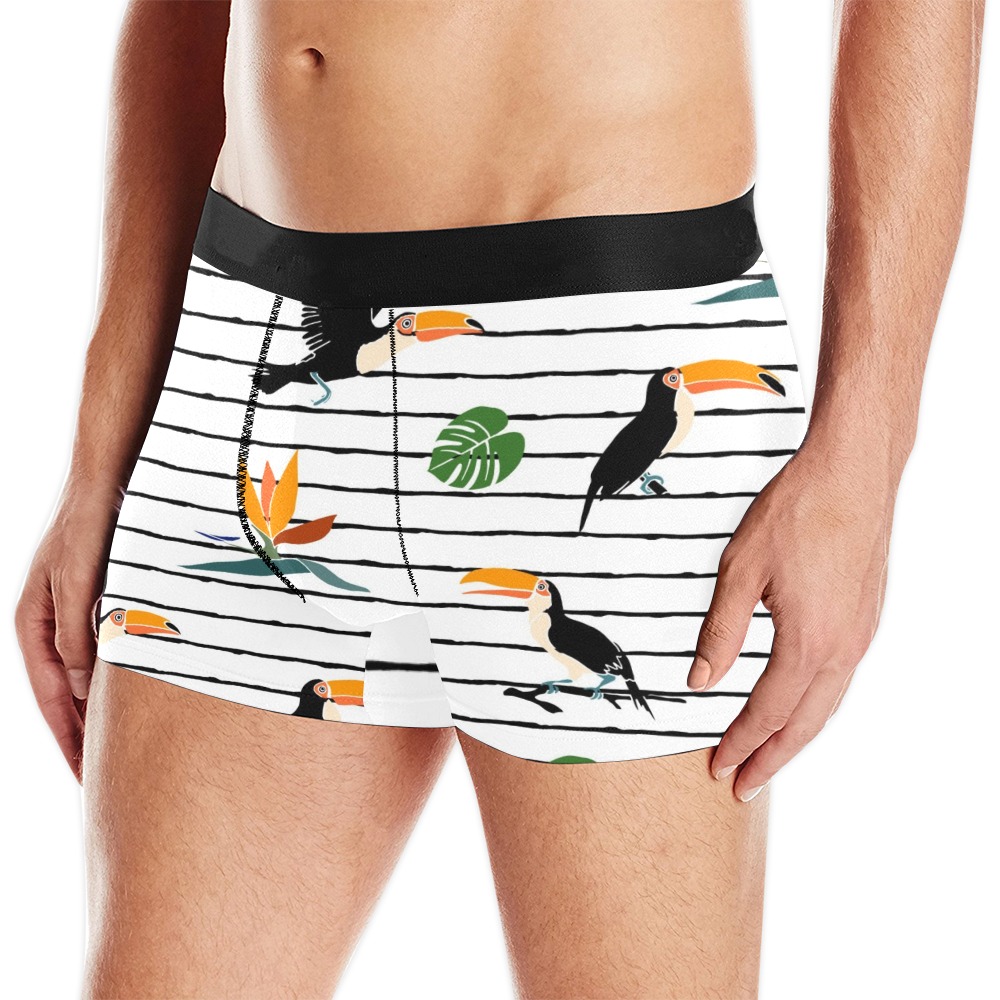 Men's All-Over Print Boxer Briefs (Model L10) with striped design, featuring birds and a green logo on the front.