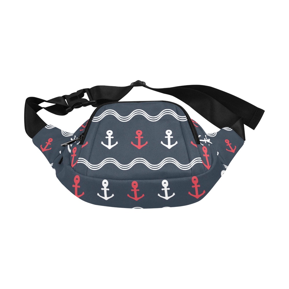 Unisex waist bag with anchor pattern, durable nylon cloth, front pocket, perfect for sports and travel