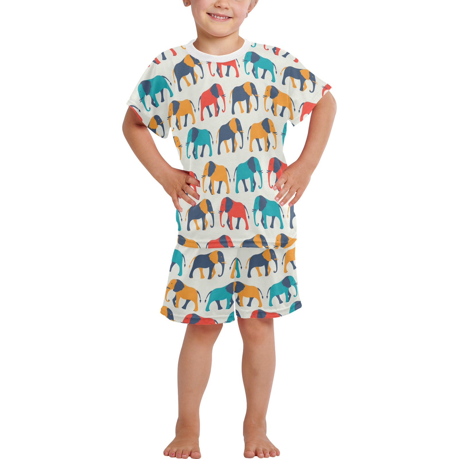 Little girl in elephant print short pajama set, polyester fabric, perfect for summer.