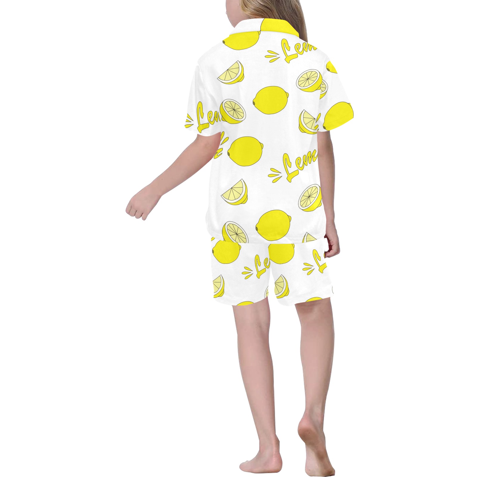 Big Girls' V-Neck Pajama Set with Lemon Print, polyester sleepwear