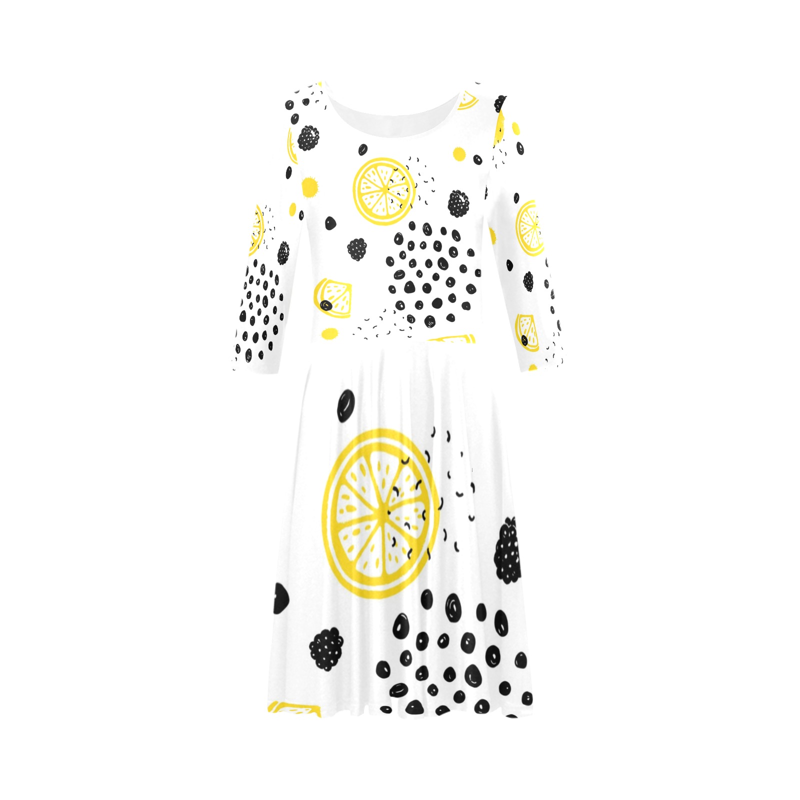White Half-Sleeve Skater Dress (D20) with yellow and black floral print, fit & flare style.