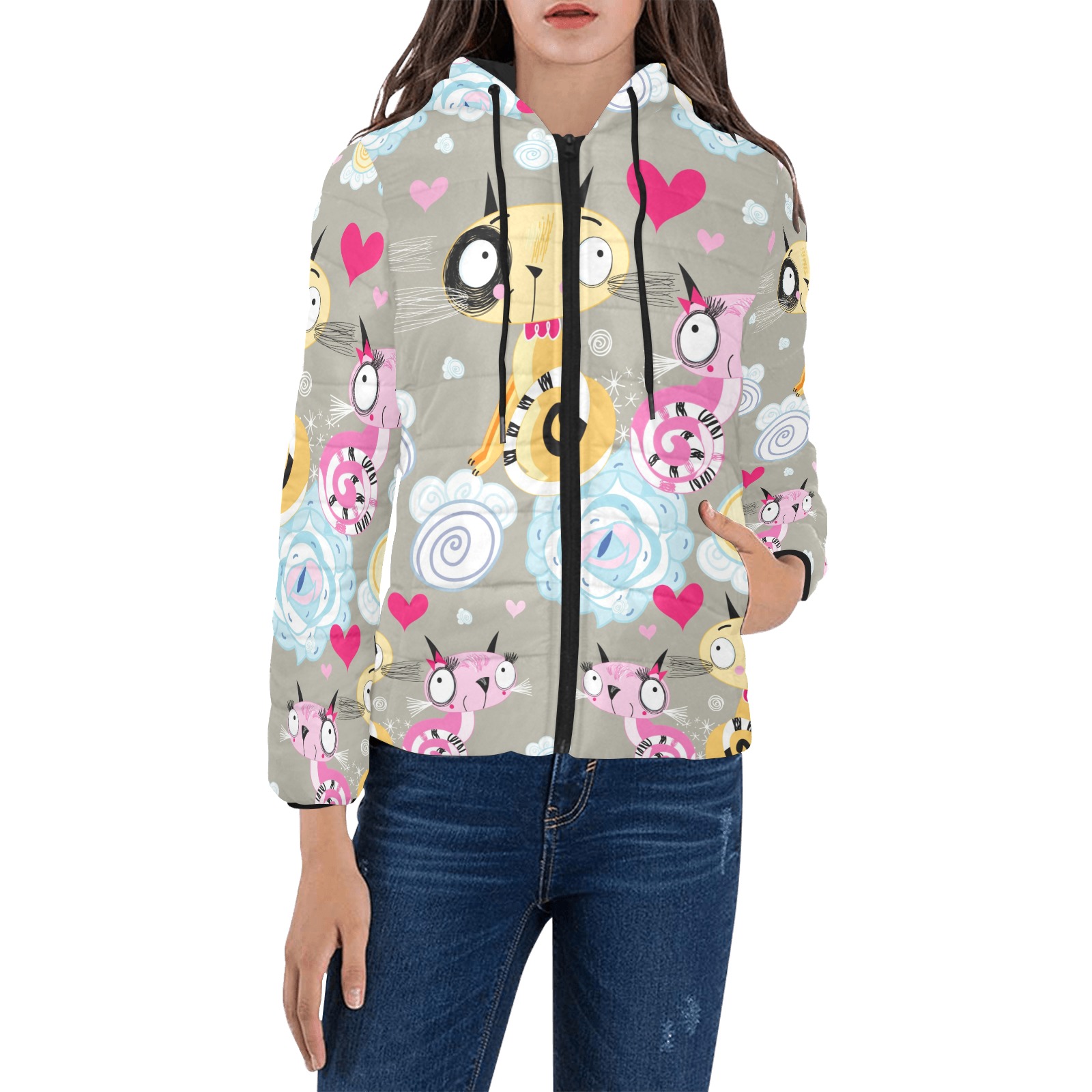 Women's Padded Hooded Jacket with cartoon print, polyester, zipper closure and elastic cuffs.