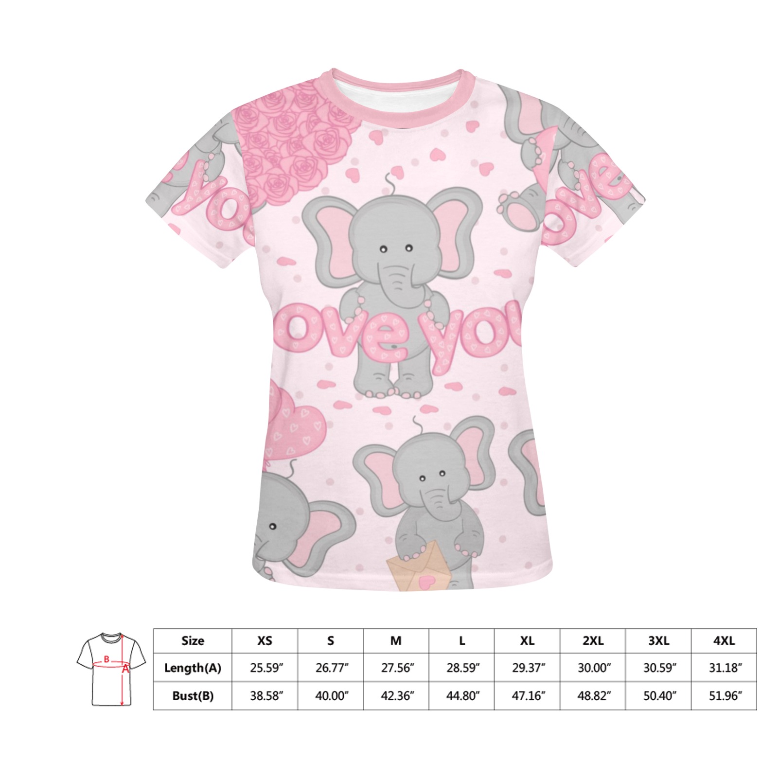 Pink women's crew neck T-shirt with elephant and heart pattern, featuring "LOVE YOU" text.