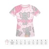 Pink women's crew neck T-shirt with elephant and heart pattern, featuring "LOVE YOU" text.