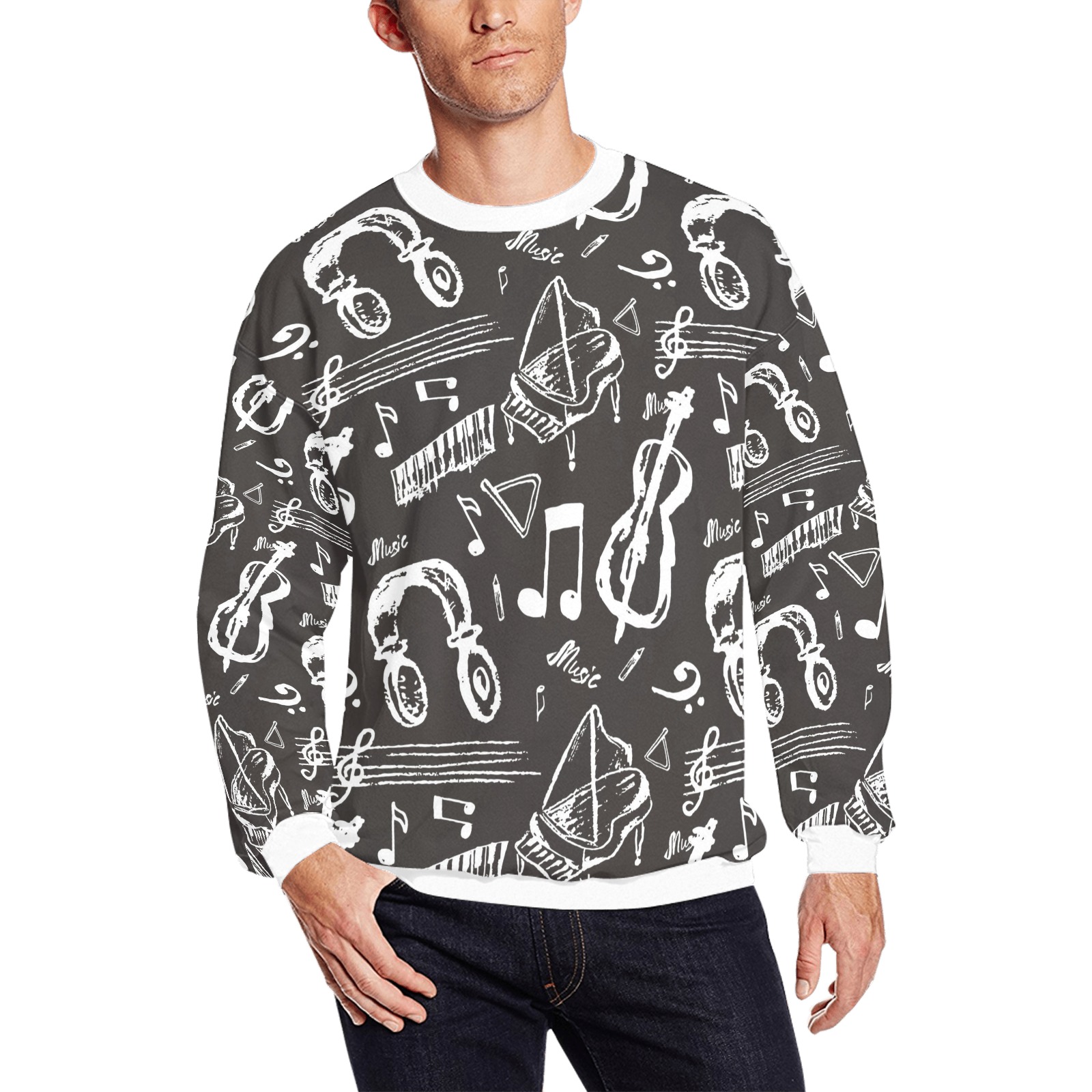 Men's all over print fuzzy sweatshirt featuring a music-themed design
