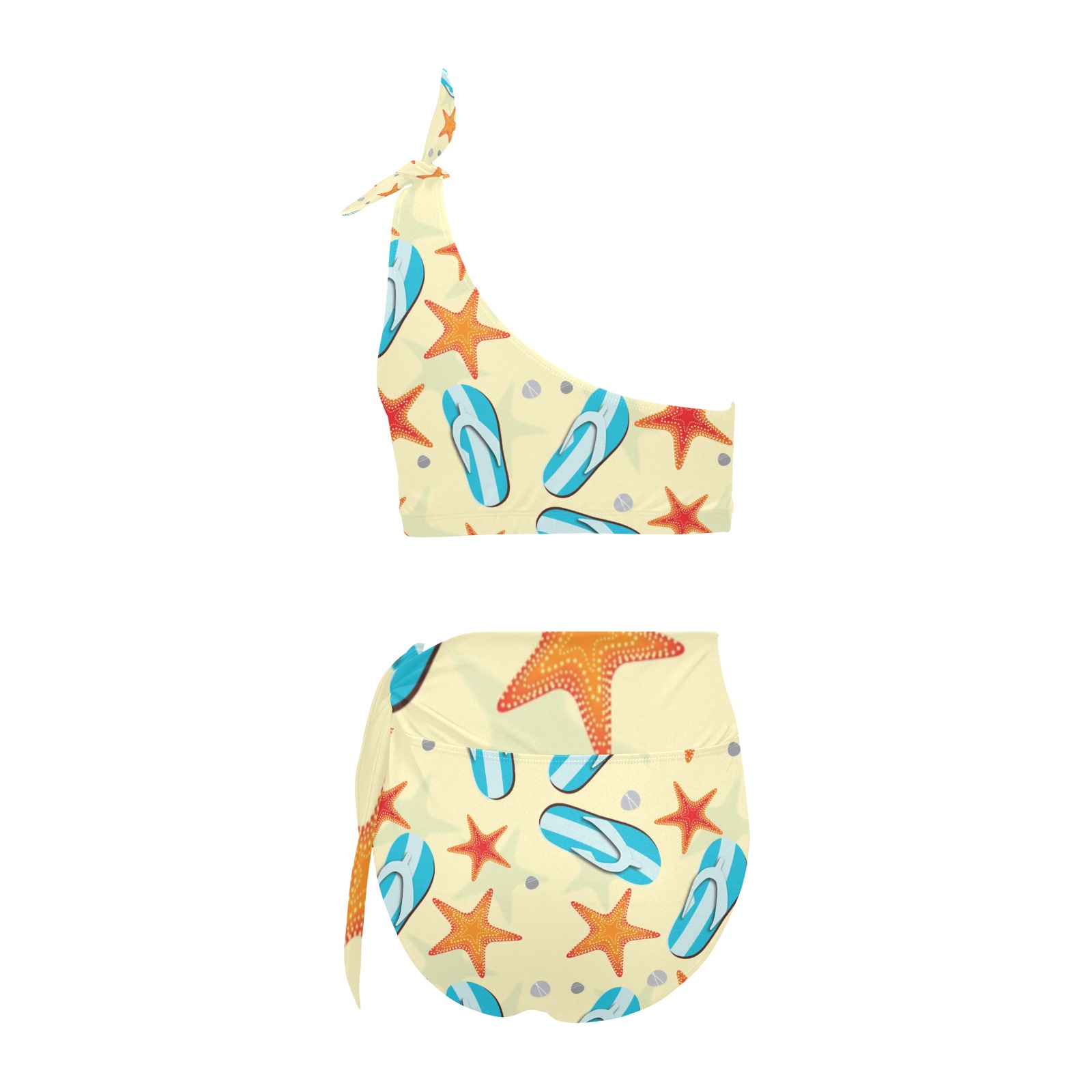 High Waisted One Shoulder Bikini Set with starfish and surfboard print, ideal for beach vacations