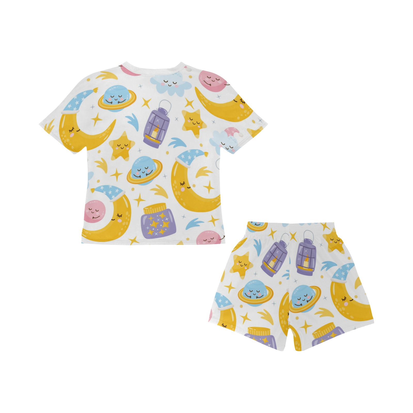 Big Girls' Summer Pajama Set with moon and star print, polyester, comfortable sleepwear.