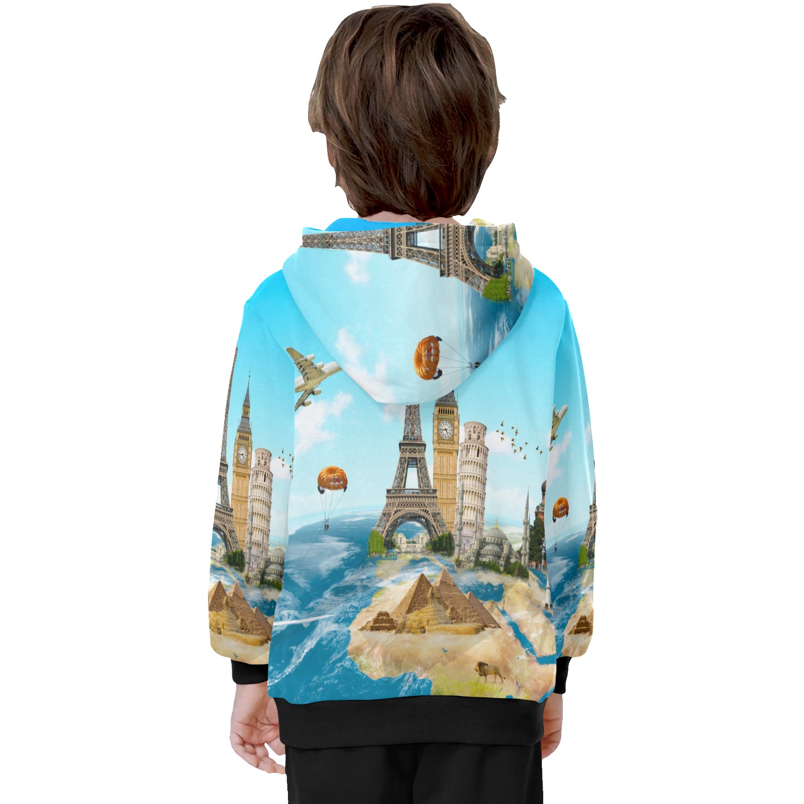 Big Boys' Eiffel Tower Hoodie H57, 100% Polyester, World Travel Print, for 8-15 boys.