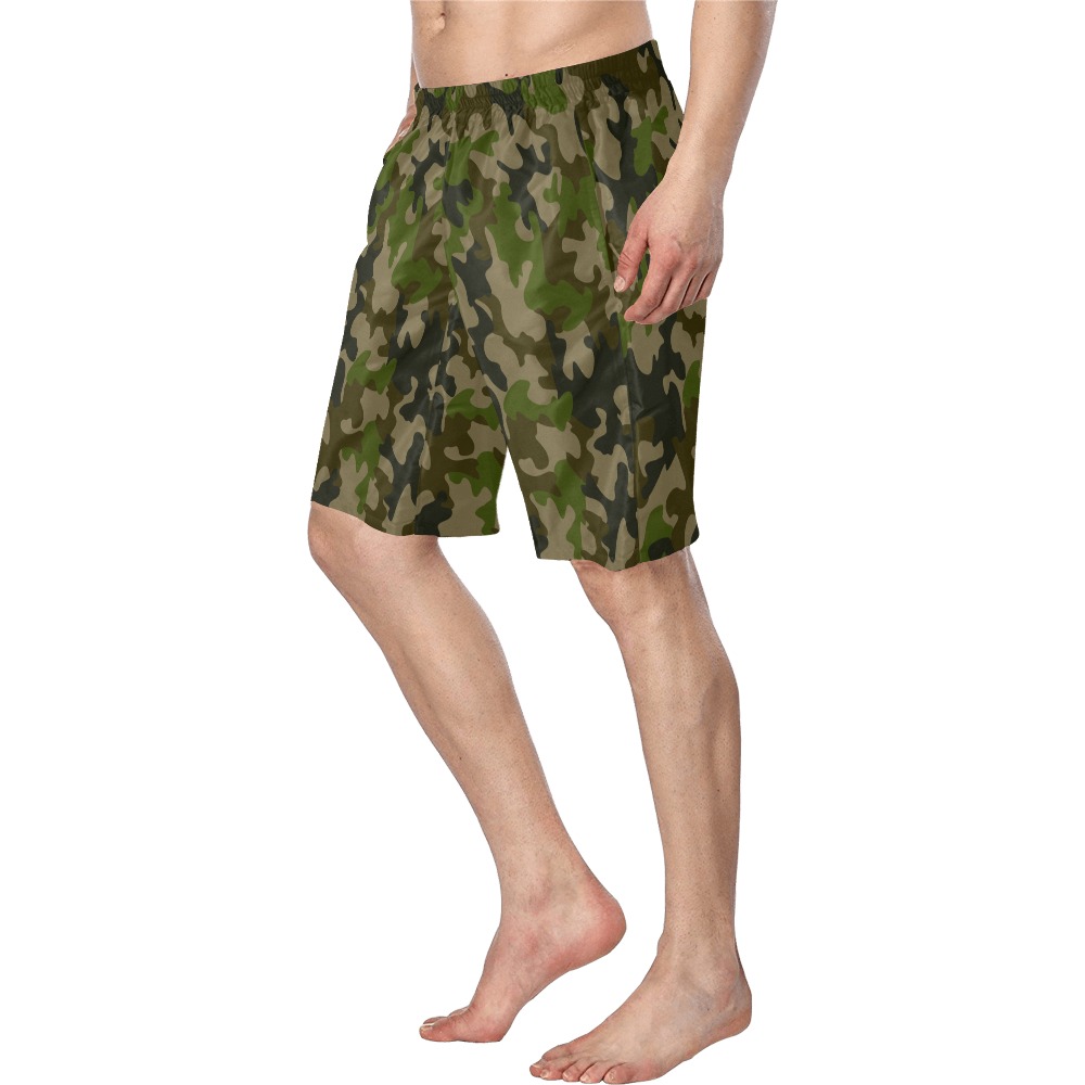 Men's camouflage swim trunks (Model L21) in green tones, suitable for swimming and sports activities.