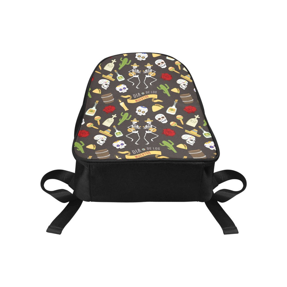 Medium canvas backpack with colorful floral and skull pattern, black straps, perfect for school or outdoor use.