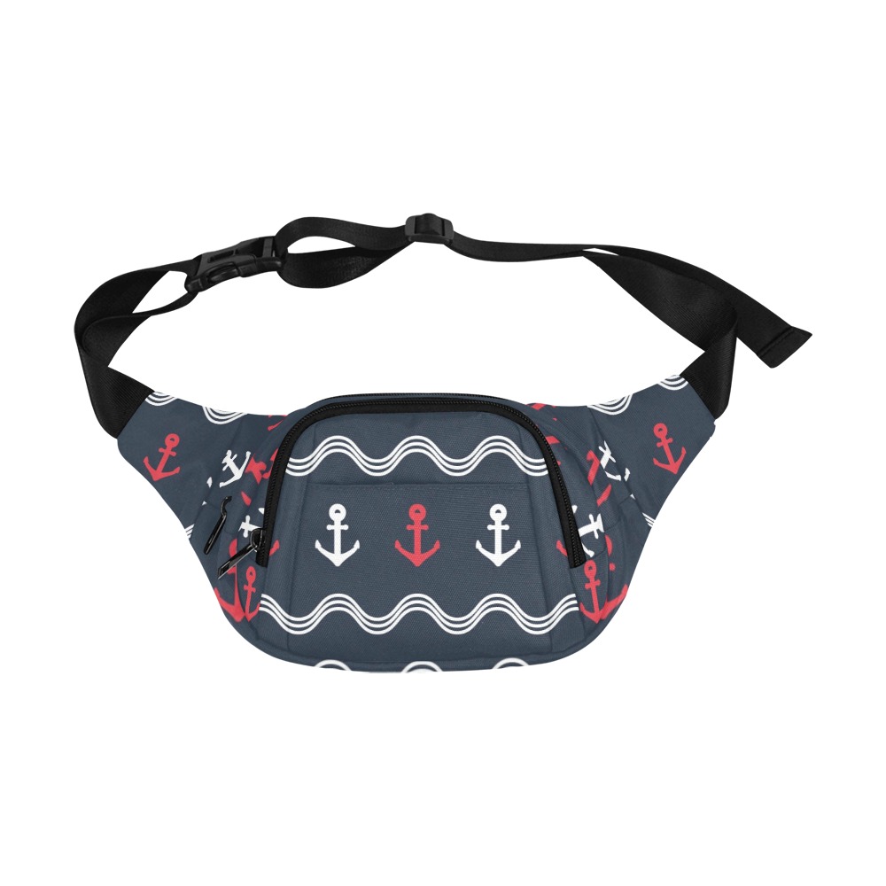 Unisex waist bag with anchor pattern in durable nylon cloth, perfect for sports and travel, front pocket design.