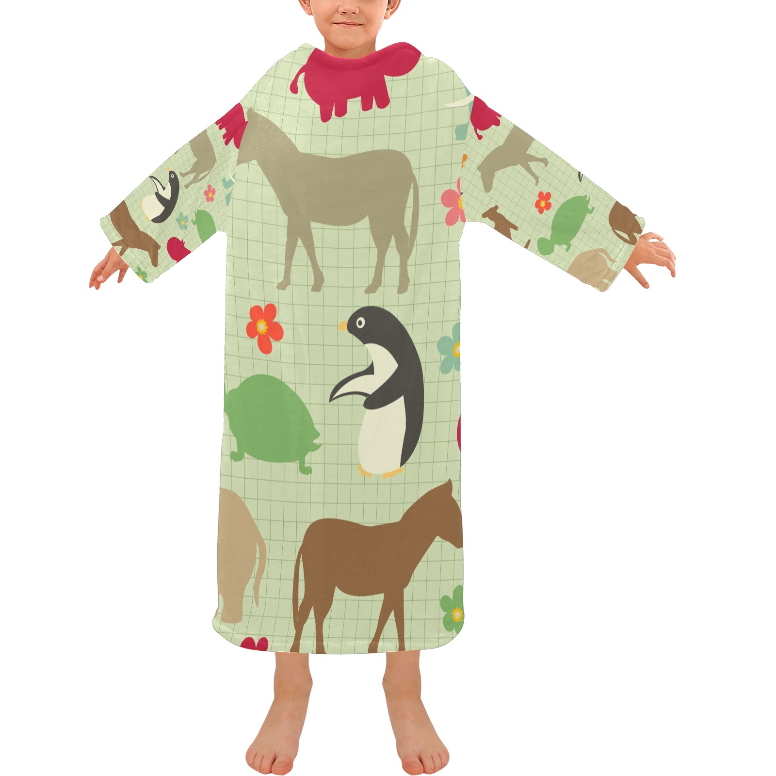 Kids' blanket robe with sleeves, featuring a playful animal print on a soft fleece material, perfect for lounging and warmth.
