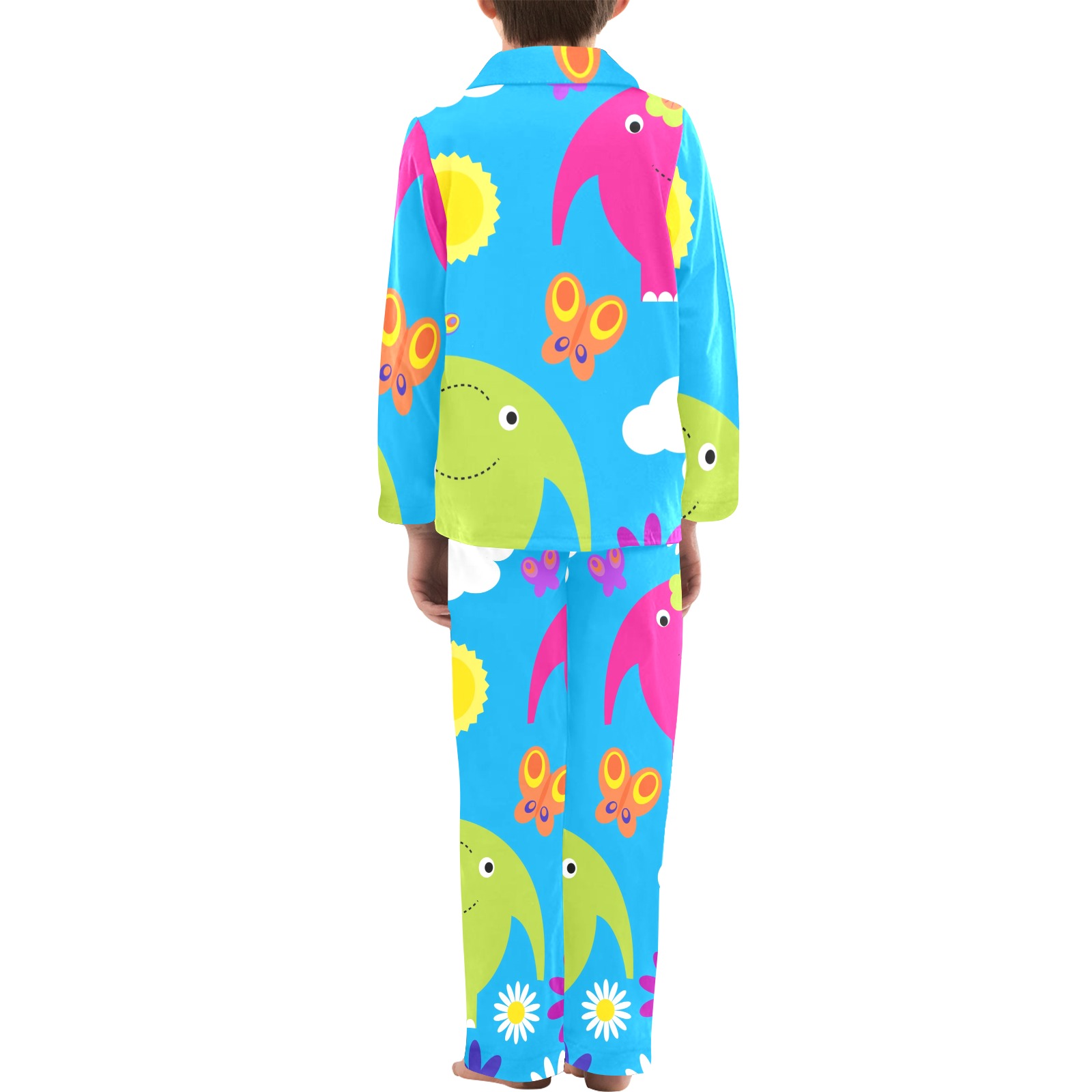 Big Boys' V-Neck Pajama Set with colorful print on blue background
