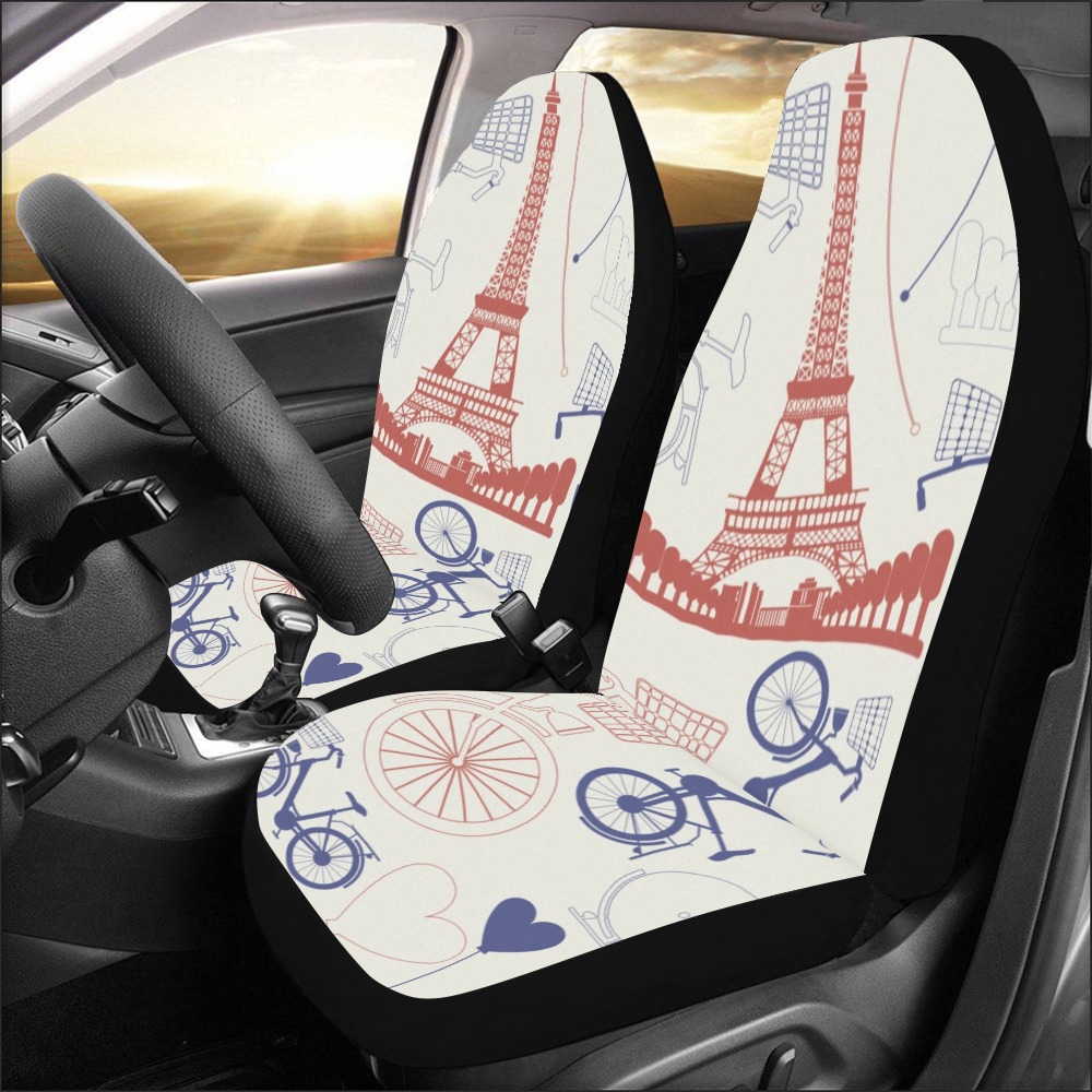 Car seat covers with Eiffel Tower design, polyester fabric, set of 2, dirt-resistant.