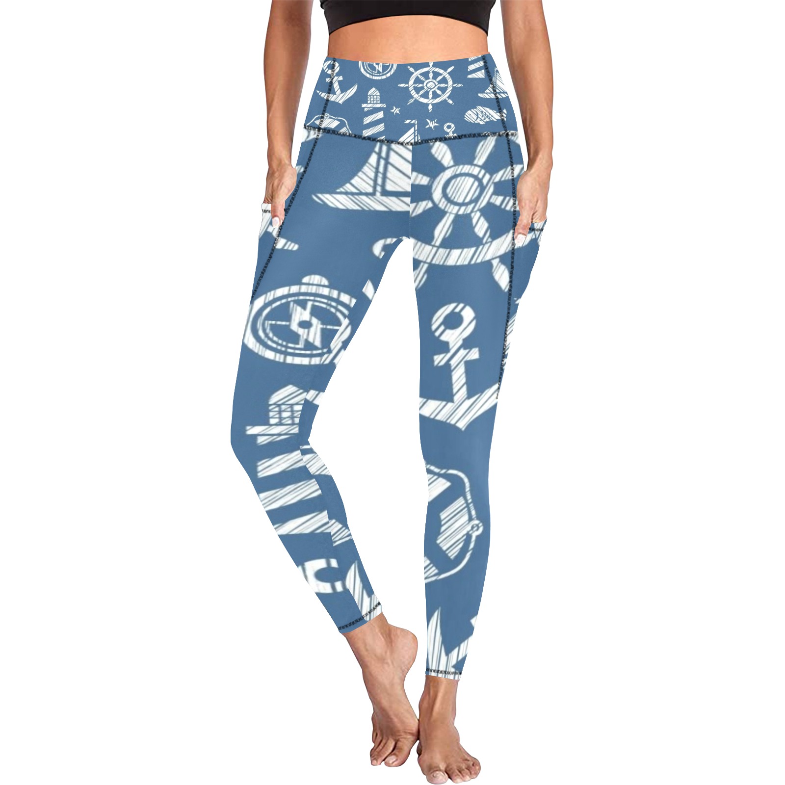 Blue All Over Print Leggings with Pockets featuring white anchor and sailboat patterns for women