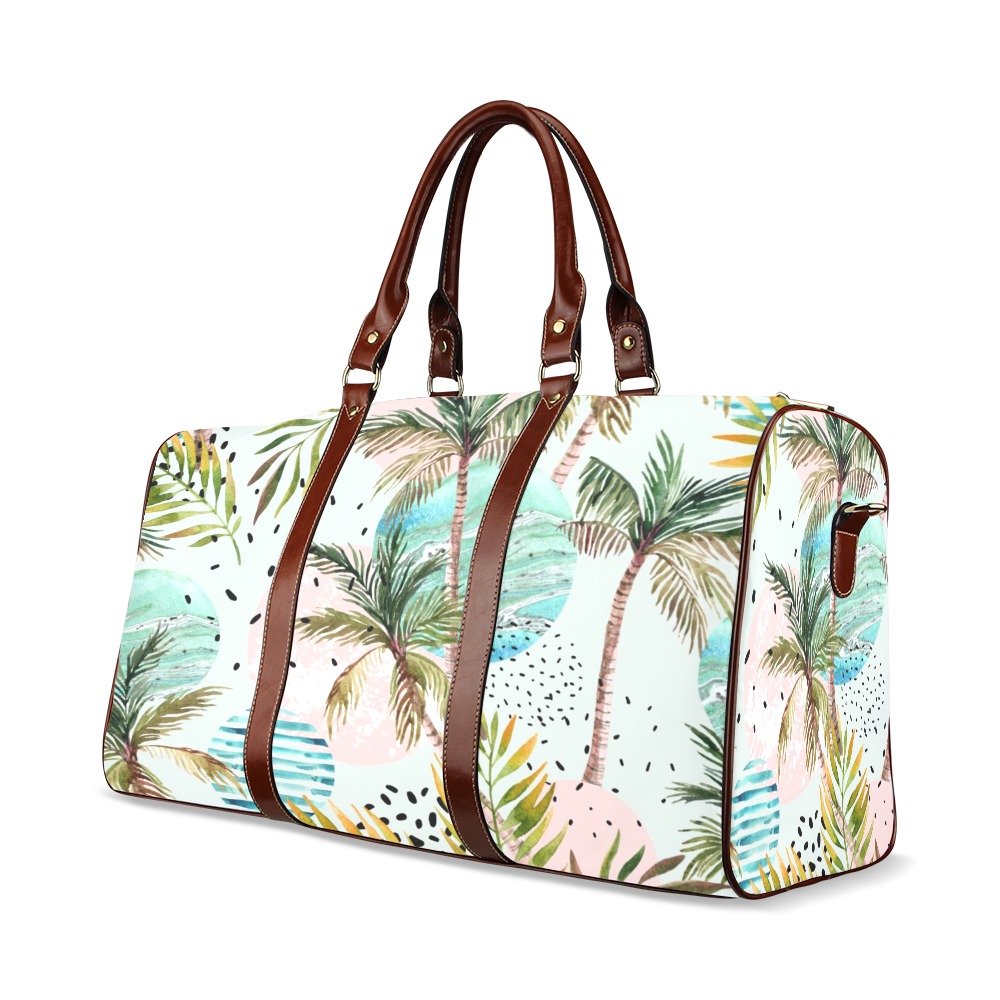Brown travel bag featuring a tropical pattern with palm trees, brown handles. Waterproof, durable and perfect for travel.