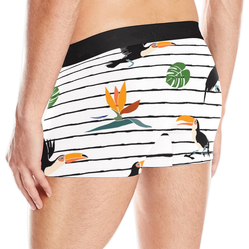 Men's All-Over Print Boxer Briefs (Model L10) with bird and floral design, black striped, white background