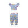 Blue floral yoga set crop top and pants for women. Comfortable polyester blend for sports.