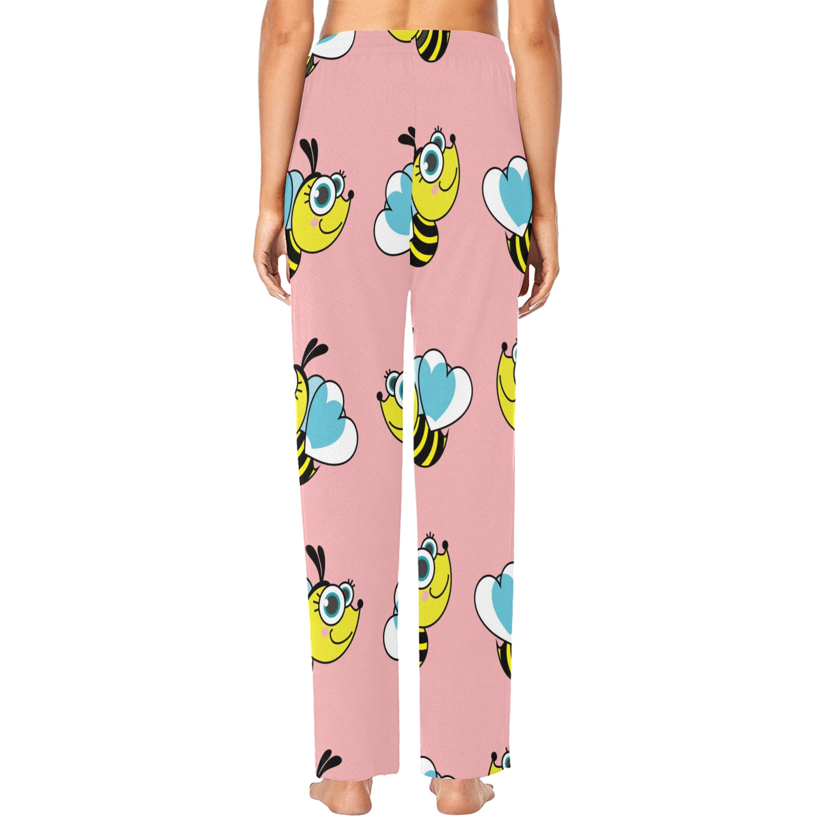 Pink Women's Pajama Pants with Cartoon Bee Pattern, 100% Polyester, Comfortable Sleepwear