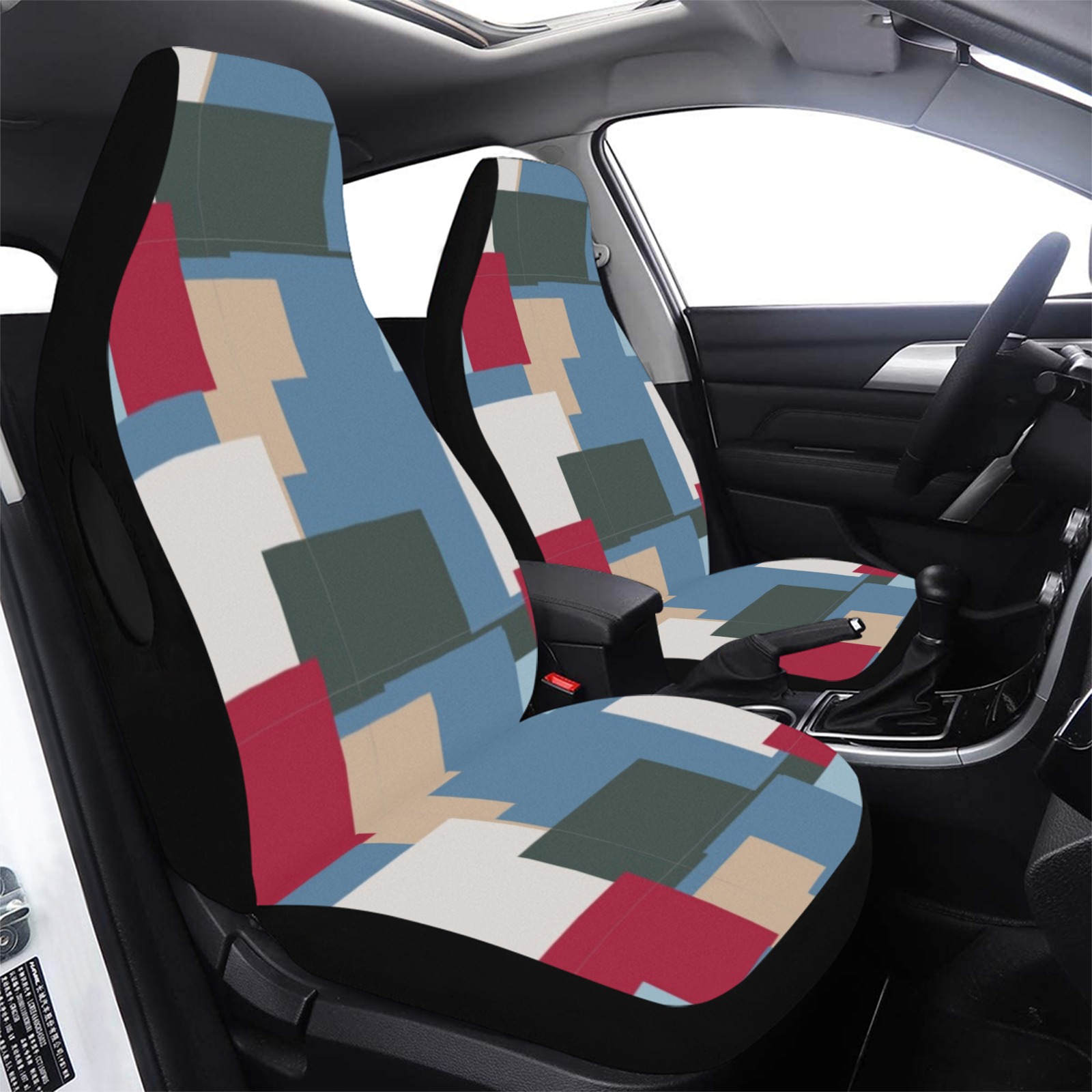 Airbag-compatible car seat covers, featuring a patchwork design with blue, red, beige, and green squares for front seats.