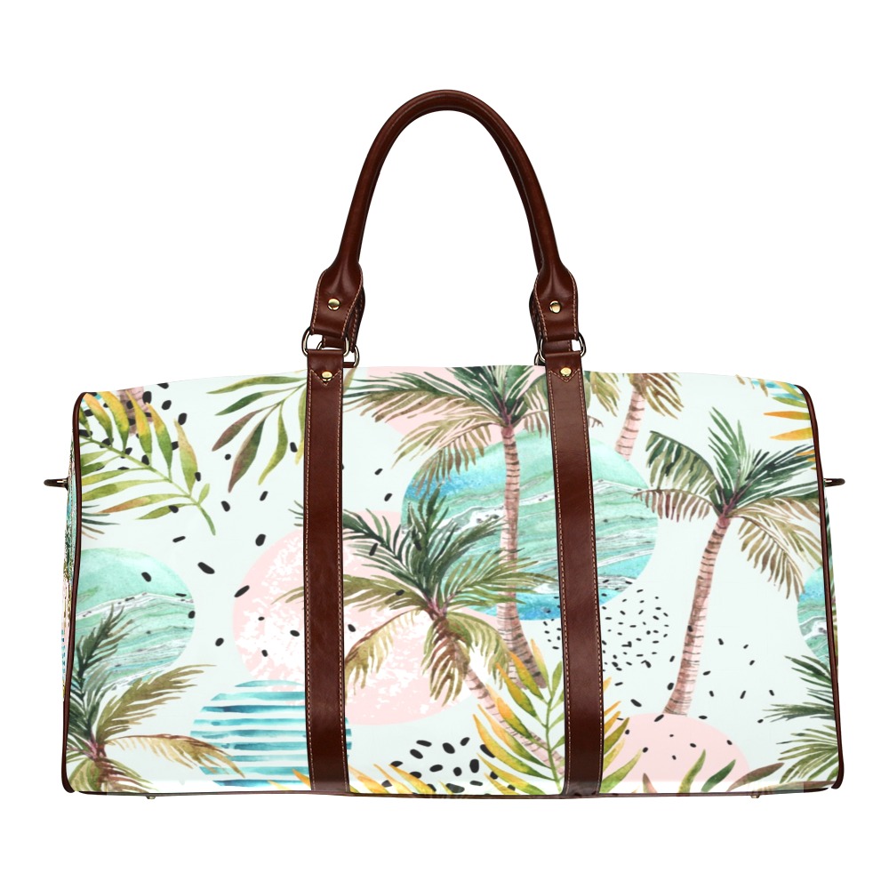 Brown travel bag featuring a tropical pattern with palm trees, brown handles. Waterproof, durable and perfect for travel.