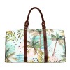 Brown travel bag featuring a tropical pattern with palm trees, brown handles. Waterproof, durable and perfect for travel.