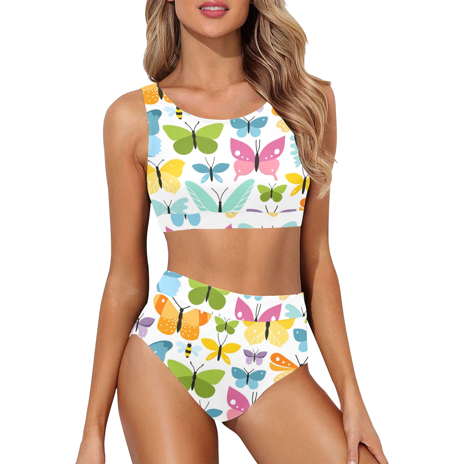 Women's Crop Top Bikini Set (S21) with colorful butterfly print, perfect for summer activities.