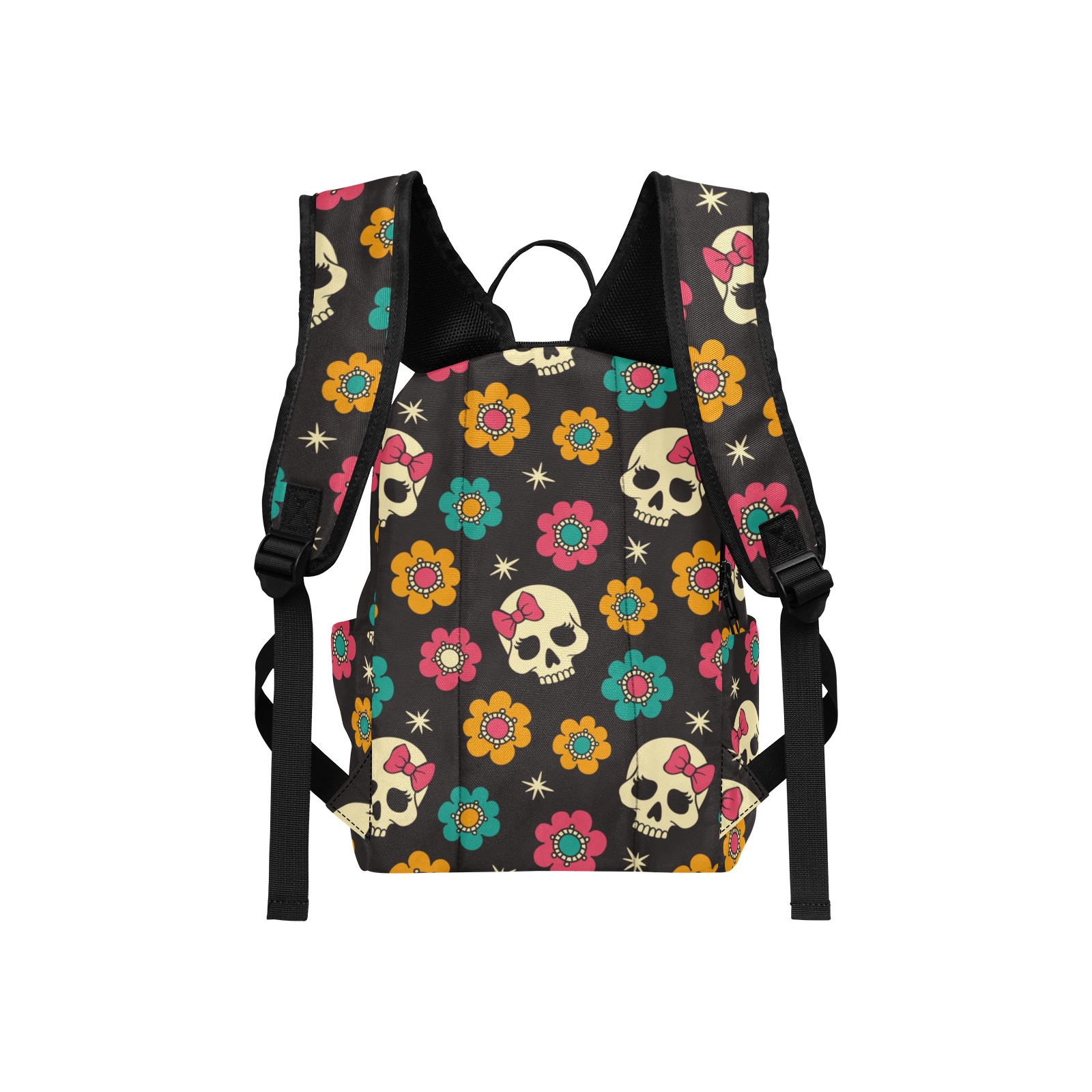 Skull and Floral Print Backpack - Lightweight polyester travel bag with adjustable straps, side pockets, and top handle.