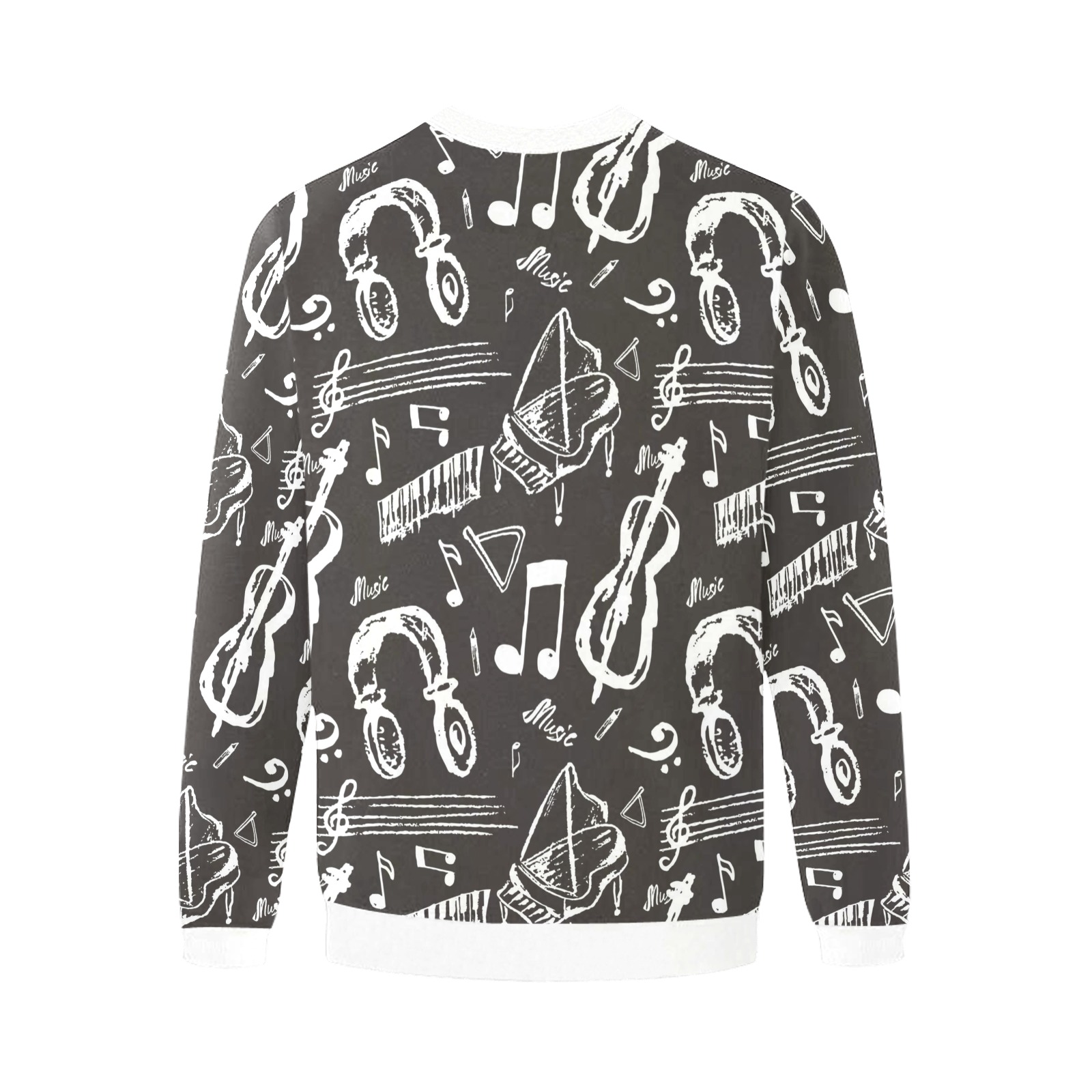 Men's fuzzy sweatshirt with music-themed all-over print in gray and white, model H18