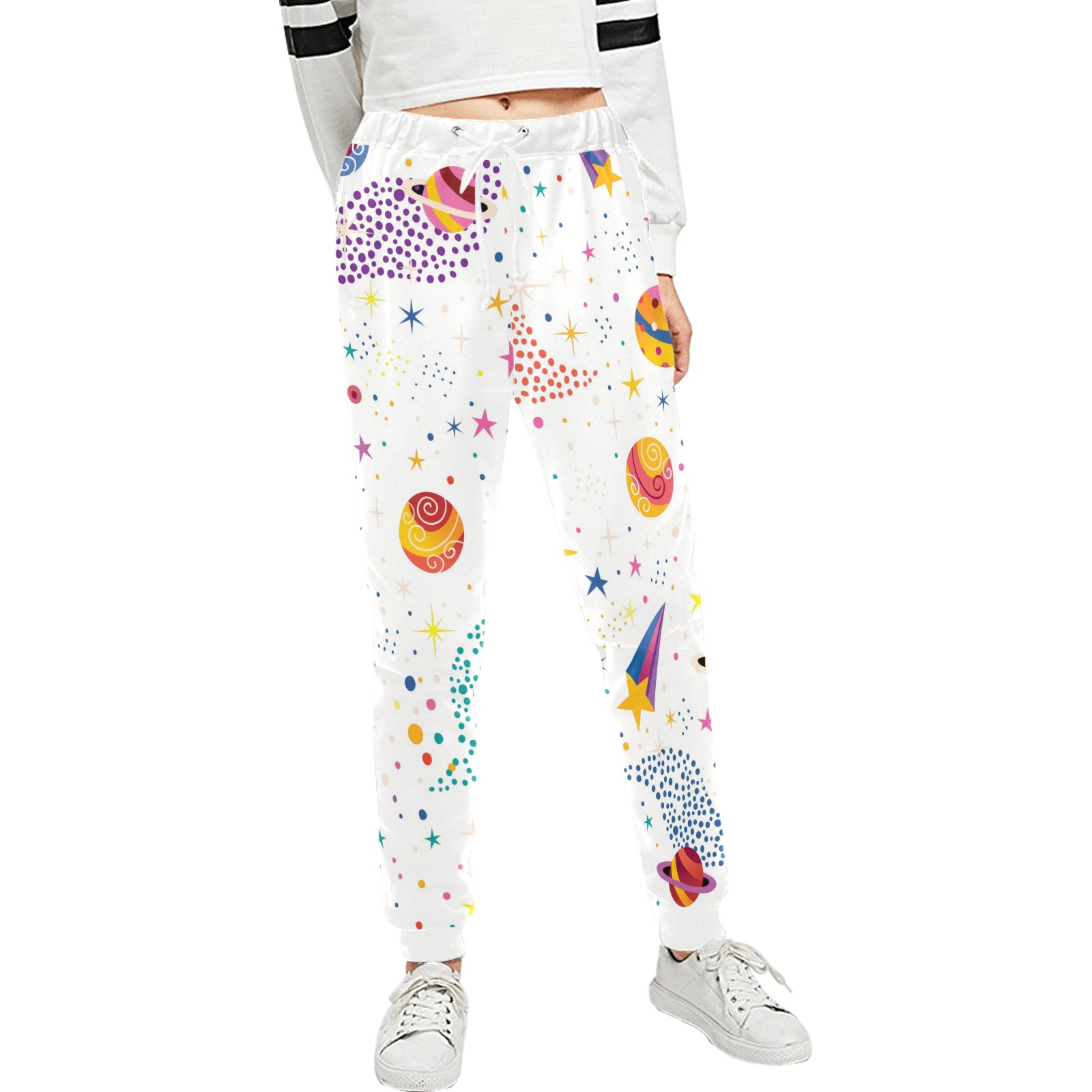 White unisex casual sweatpants with colorful all-over print, Model L11